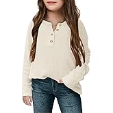 rrhss Girls Waffle Knit Sweaters Trendy Henley Button V Neck Long Sleeve Pullover Jumper Tops