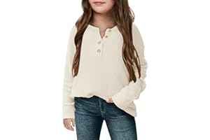 rrhss Girls Waffle Knit Sweaters Trendy Henley Button V Neck Long Sleeve Pullover Jumper Tops