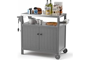 TORVA Portable Outdoor Grill Prep Table with Storage, Waterproof Outdoor Grill Cabinet, Stainless-Steel Tabletop Outdoor Kitchen Island, BBQ Cart with Wheels, Hooks and Side Shelf | Gray