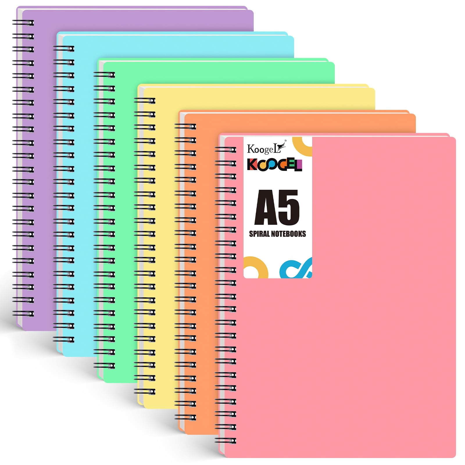 Koogel 6PCS Spiral Notebooks Macaron Colours, A5 College Ruled Spiral Journal 15 x 20.5cm Colourful Study Notebooks 480 Sheets/960 Pages for Office School