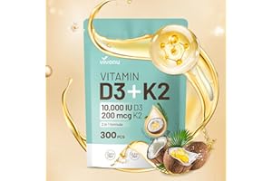 VIVONU Vitamin D3 10000 iu Plus K2 (MK-7) 200 mcg, 300 Coconut Oil Softgels| 2 in 1 VIT D & K Complex | Supports Calcium Absorption, Bone, Immune, & Heart Health – Easy to Swallow (300 Softgels /1 Bag)