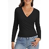 Women’s Long Sleeve Wrap Tops, Deep V Neck Casual Fall Cross Wrap Top Ruched Slim Fit Dressy Blouse