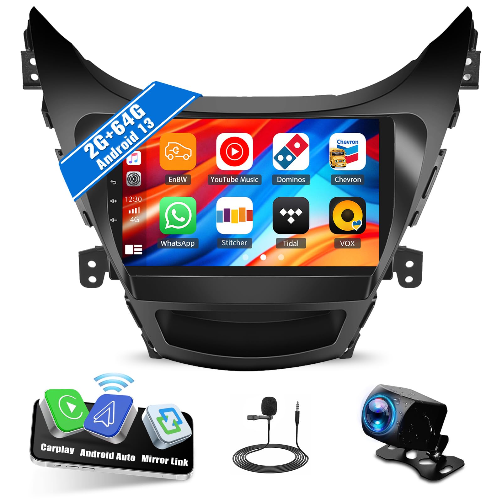 Photo 1 of SIXWIN 2G+64G Android Car Stereo for Hyundai Elantra 2011 2012 2013 with Wireless CarPlay Android Auto Mirror Link 9 Inch Touchscreen Bluetooth GPS Navigation WiFi FM Backup Camera MIC