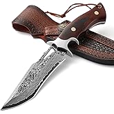 Omesio Damascus Hunting Knife, 10.04'' Damascus Steel Fixed Blade Knife Full Tang, Outdoor Survival Camping Damascus Knife with Sheath, Japanese Style, Wooden Handle with Gift Box