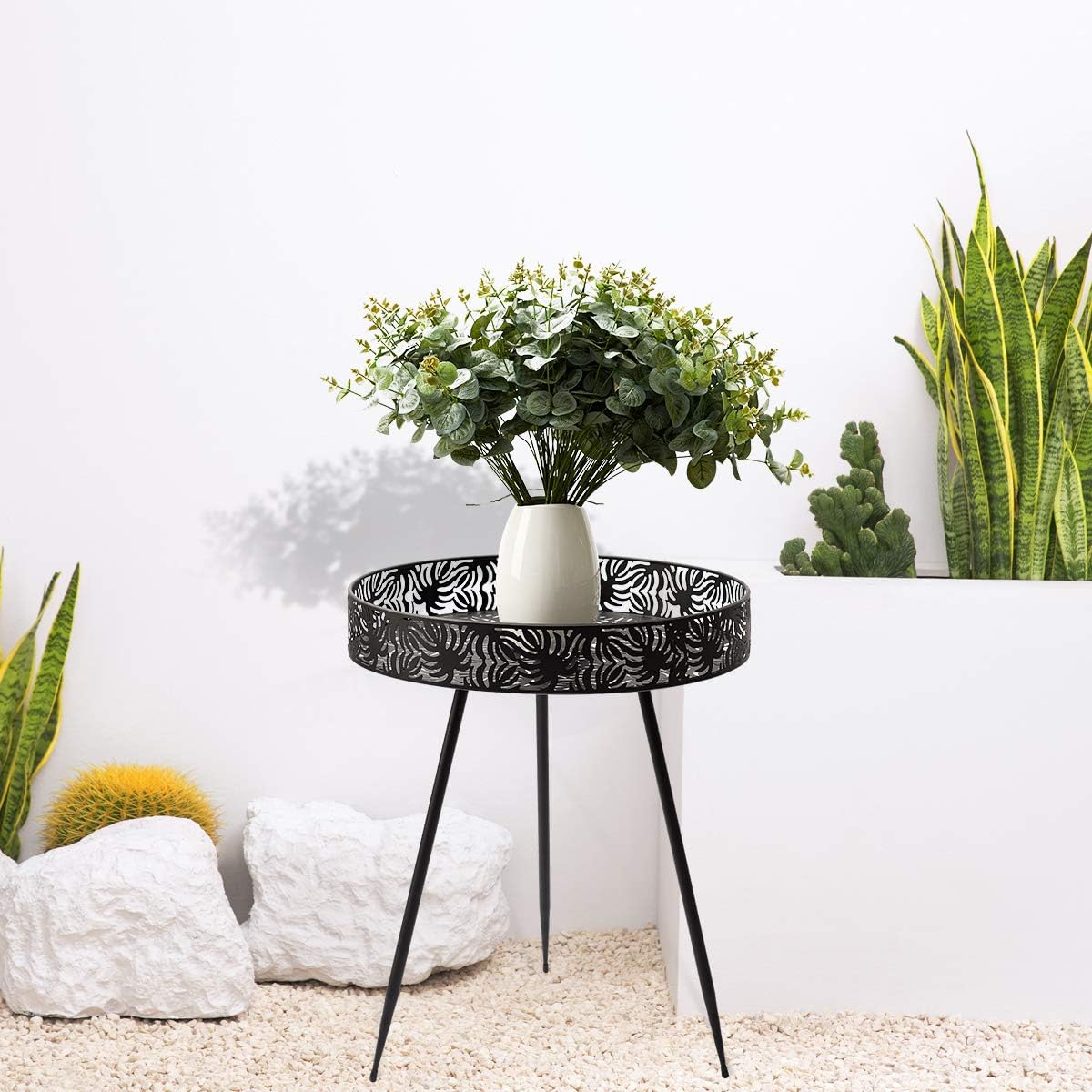 Donosura Side Table Plant Table 16 Inch End Table Indoor Outdoor Coffee Table Perfect for Picnic Food Kitchen Bedroom Graden Patio, Black Metal Round : Garden & Outdoor