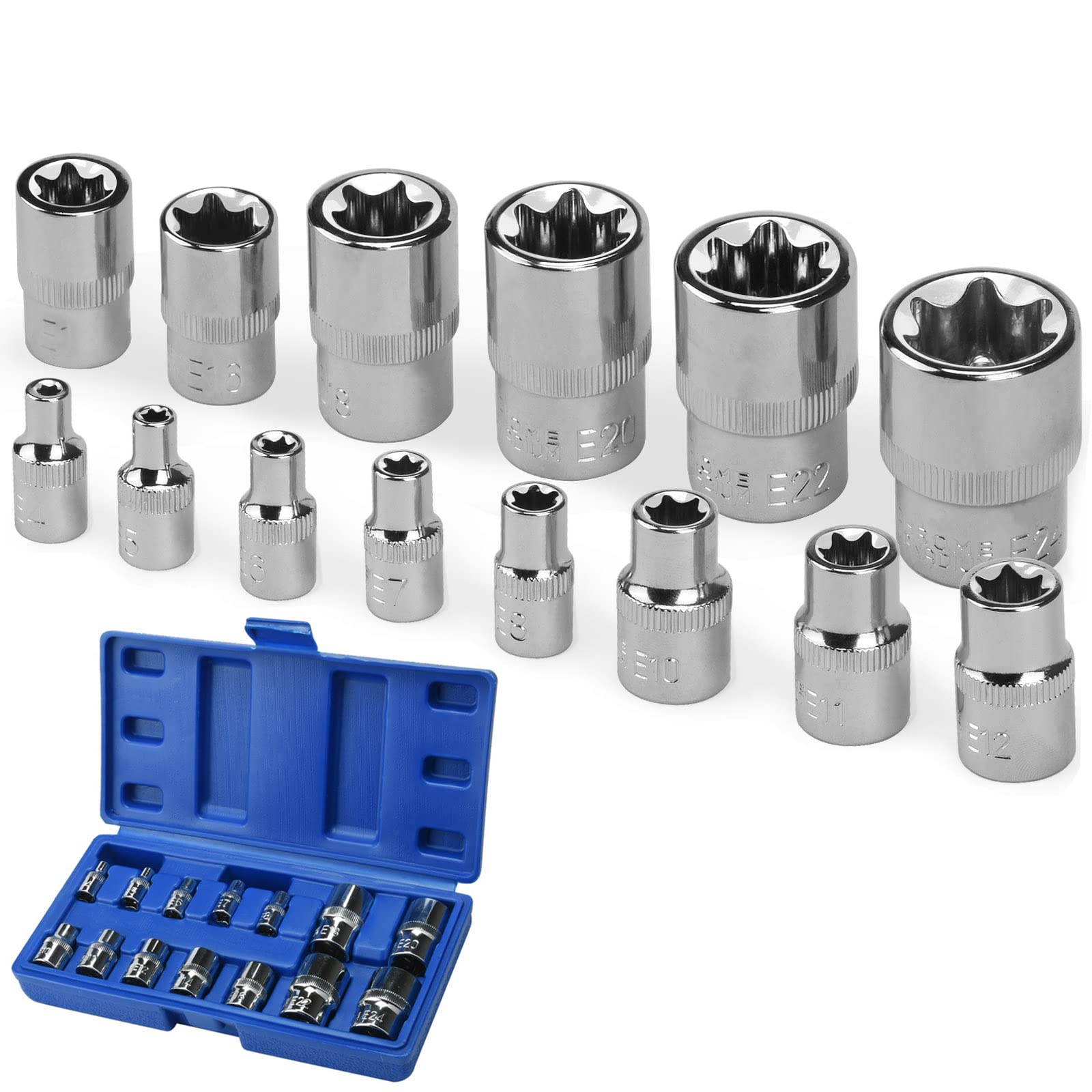 Nutmanel Female Torx Socket Set 14pcs E-Torx Sockets E4 - E24 1/4" 1/2" 3/8" Drive Female E Star Hex Socket Insert Nut