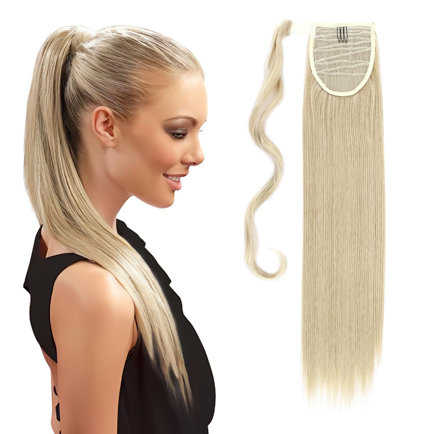 S-noilite 23" Long Straight Wrap around Ponytail Extensions Clip in Ponytail Hair Extensions Hairpiece for Women for Daily Use Ash Blonde mix Bleach Blonde