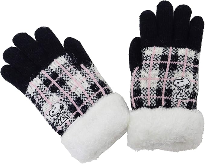 Amazon スヌーピー Snoopy 手袋 ピーナッツ 5本指 ファー付き チェック柄 レディース ガールズ ネイビー 手袋 通販
