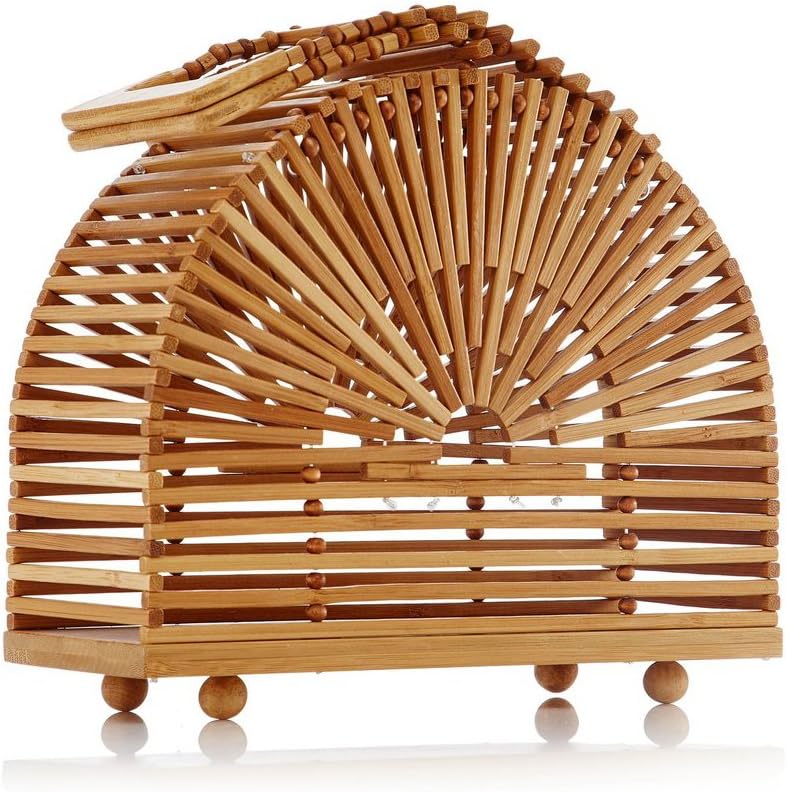 Bamboo Handbag,SHZONS Handmade Weaving Tote Bamboo Purse Straw Beach Bag Half Moon Bag Circular Travel Sling Bag Crossbody Bag for Women