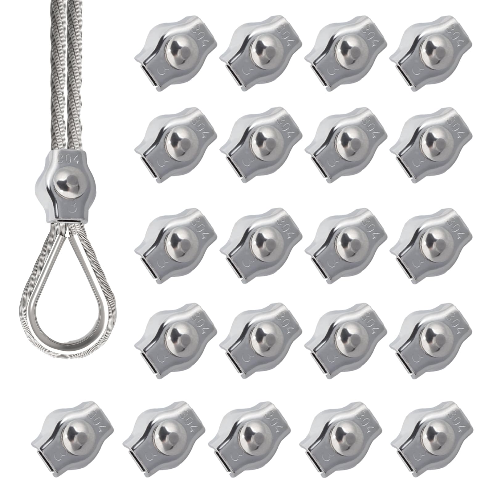 Photo 1 of 20PCS 1/8 Inches M3 Wire Rope Clamp 304 Stainless Steel Simplex Single Bolt Wire Rope Clips Wire Clips for 1/8" Wire Rope Cable Clamp for Guy Line Metal Fence Antenna Clothesline Rigging Hardware
