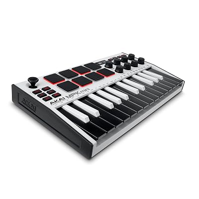 Akai Professional MPK Mini MK3 25 Key USB MIDI Keyboard Controller With 8 Backlit Drum Pads, 8 Knobs, Music Production Software and Native Instruments Sound Package (NKS Integration), White