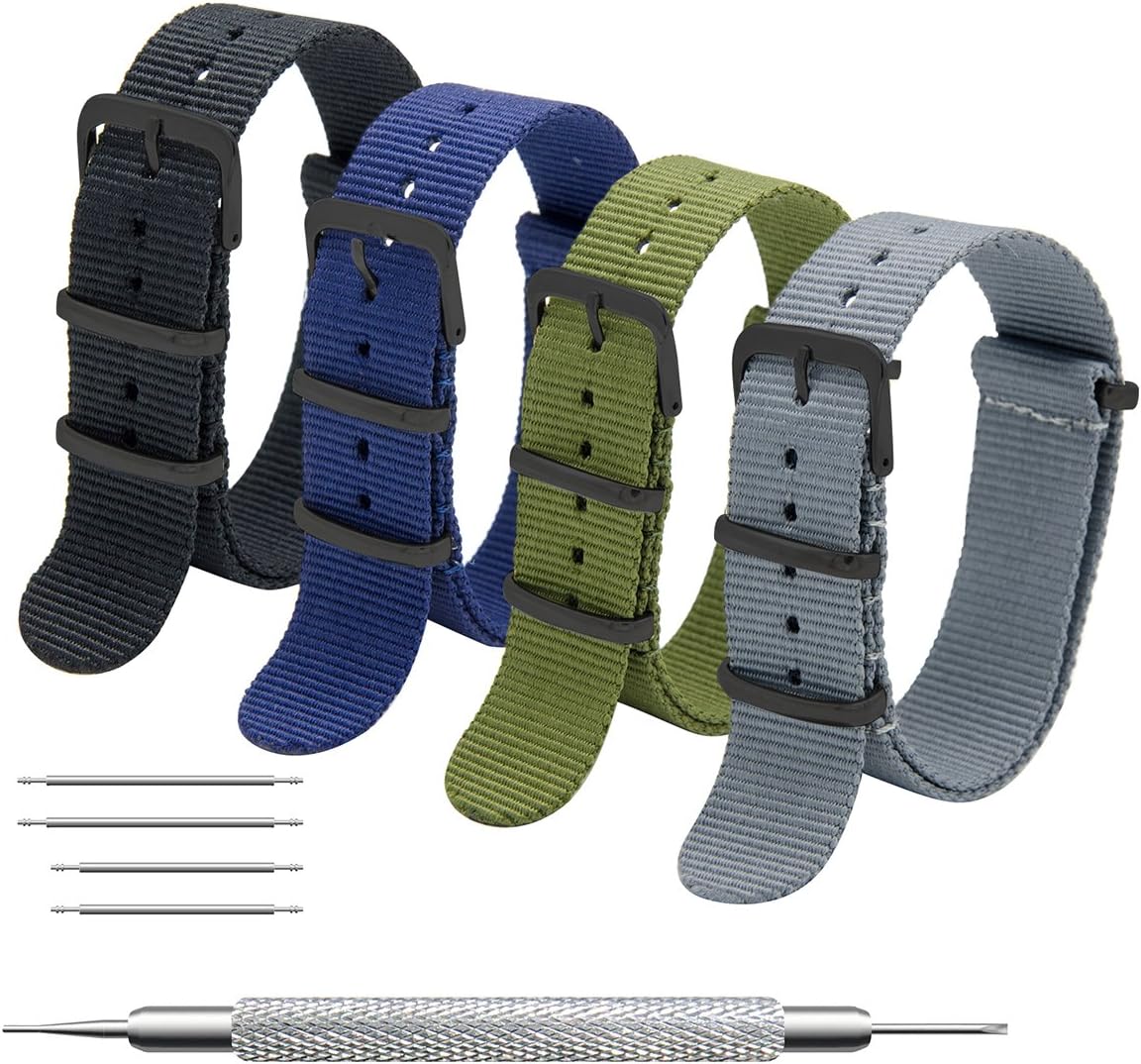 NATO Strap 4/8 Packs - 16mm 18mm 20mm 22mm 24mm Premium Ballistic Nylon Watch Bands Zulu Style for Men Women
