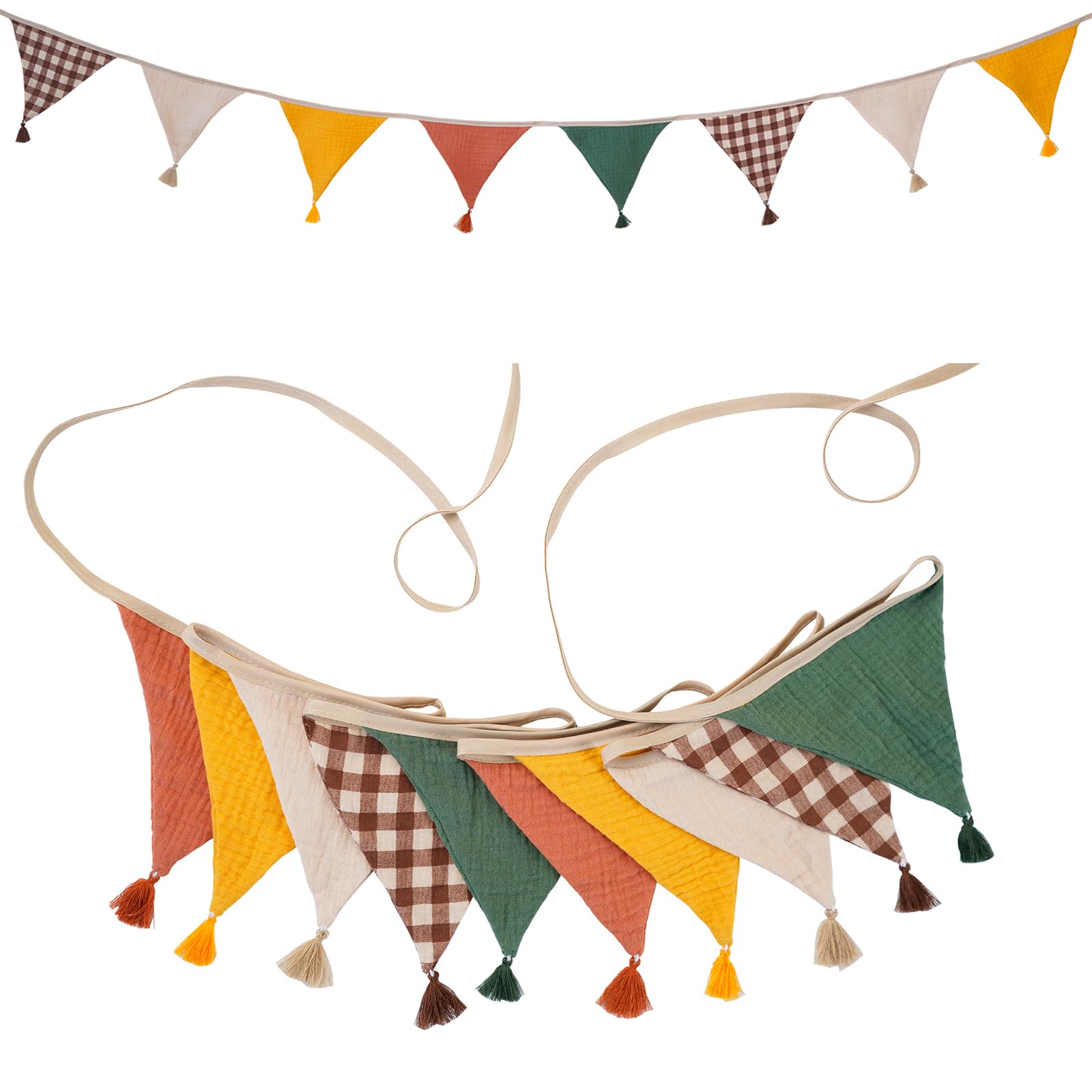 G2PLUS Muslin Fabric Bunting with Tassel: 10PCS Double Sided Cotton Garland, 2.6m Nursery Fabric Triangle Banner for Nursery, Bedroom, Baby Shower, Brithday Party Decoration, Maroon and Olive Green
