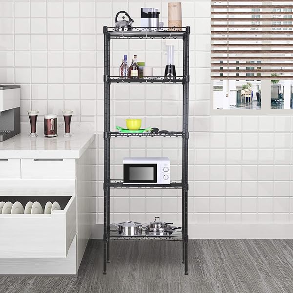 BESTOFFICE ADJUSTABLE NSF-CERTIFIED METAL SHELF WIRE SHELVING UNIT STORAGE FOR SMALL PLACES RESTAURANT GARAGE PANTRY KITCHEN GARAGE RACK (BLACK, 16.7L×11.8W×47.6H)
