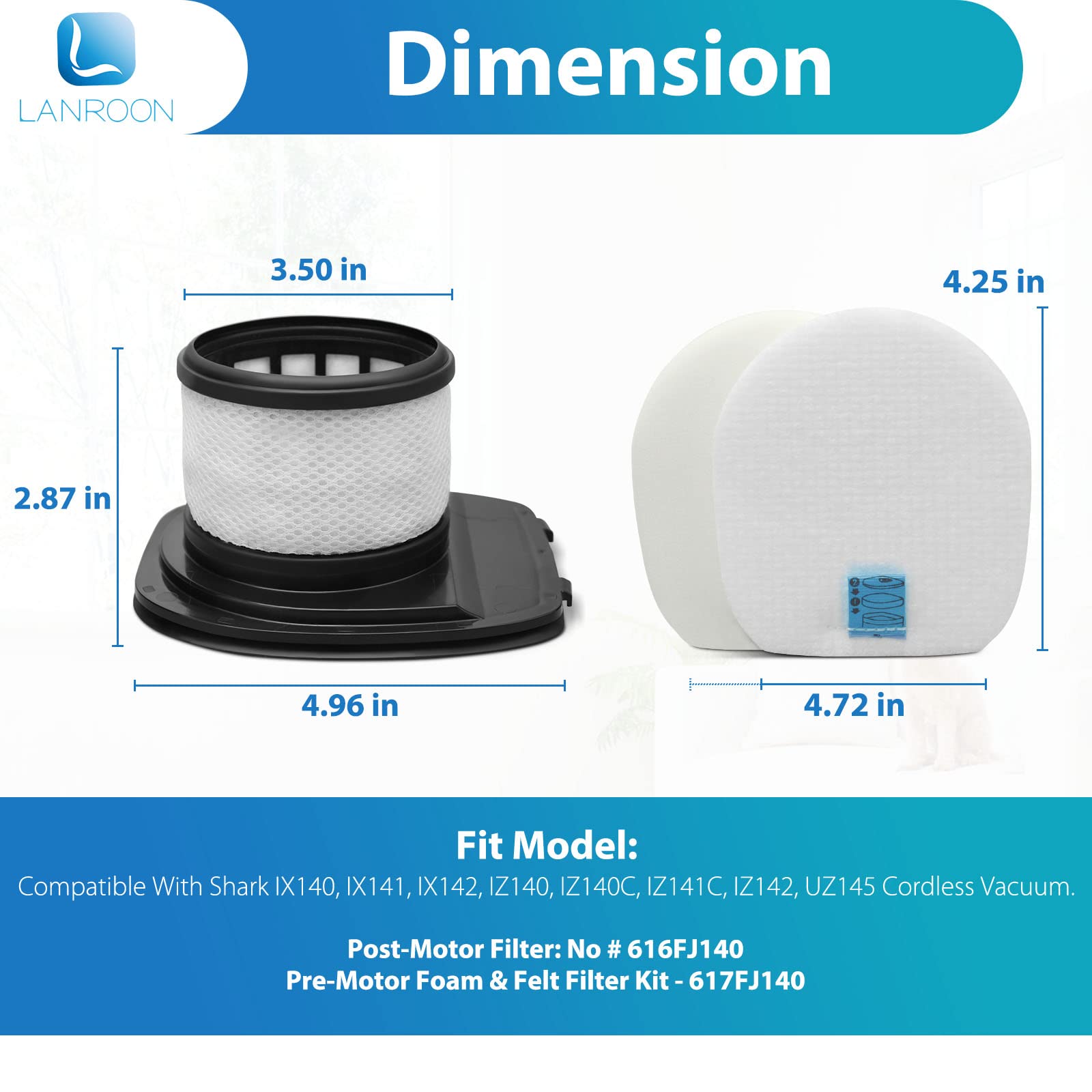 IX141 Filters Fit for Shark IX141 IX140 IZ140 IX142 IZ140C IZ142 UZ145 IZ141C IX141H WZ140 WZ250 Stick Vacuum, Replace Part 616FJ140 & 617FJ140, 2 Pack Filter 4 Pack Foam & Felt Filter Kit