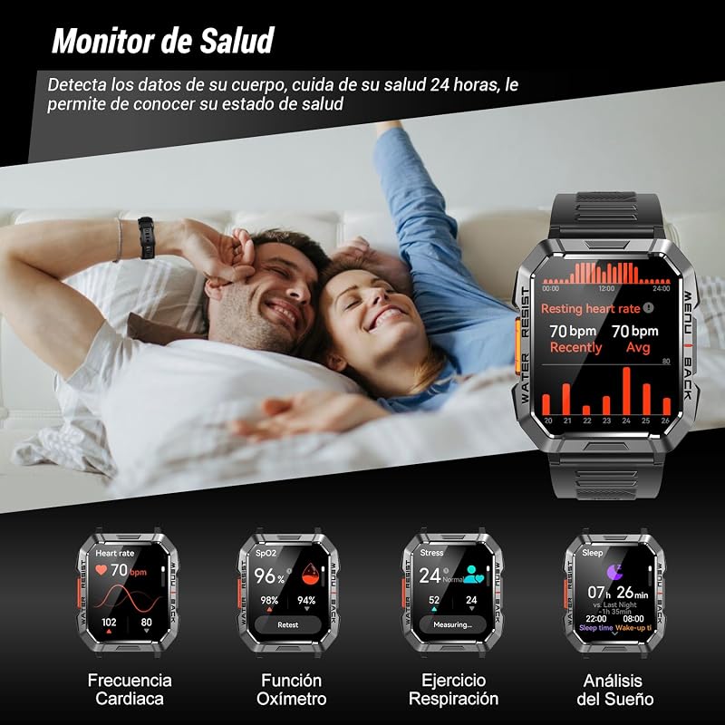 Reloj Inteligente Hombre con Linterna y Brújula,2.01" Militar Smartwatch Hombre Llamadas Bluetooth/Notificación,IP68,Monitor de Sueño,Pulsómetro,SpO2,Podómetro,100+Modos Deportivos para Android iOS