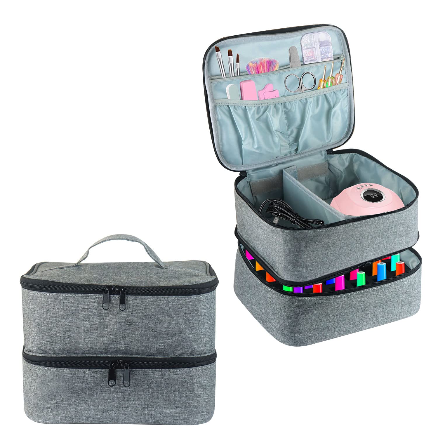 Nail Polish Carrying Case, Double-Layer Nail Polish Storage Bag- Fits Nail Dryer Lamp and 30 Bottles(15ml/0.5 fl.oz), Organizer Bag with Adjustable Dividers for Manicure Set (Grey) — image 1