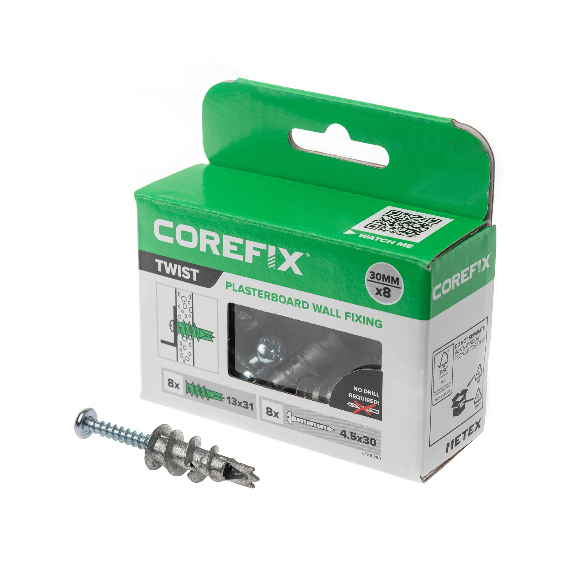 Corefix Twist Metal Plasterboard Fixing Pack of 8 Self-Drill Fixings with Screws for Tight Grip and Strong Hold. Easy To Install With NO Drill Required Suitable For All Plasterboard Types.