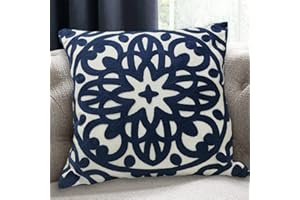 Alysheer Embroidered Decorative Throw Pillow Cover 20"x 20", Boho Mandala Modern Thick Embroidery Pattern, Durable Cotton Canvas Soft Cushion Case for Sofa Couch Bed Living Room (Navy Blue)