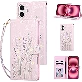 UEEBAI Wallet Case for iPhone 17, PU Leather Phone Cover Kickstand RFID Blocking Flip Case Card Slots Wrist Strap Relief Engraved Pattern Magnetic Closure Flower Folio Wallet, Lavender