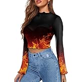 TOADDITDO Women's Mesh Sheer Tops Long Sleeve Layering Top Mock Neck See Through Bell Sleeve Shirt Blouse Size S-XL