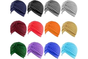 FANJIN 12 Pcs Stretchy Turban for Soft Pre Tied Knot Fashion Pleated Cancer Turban Cap Chemo Headwrap Bennie Twisted India's Hat for Women