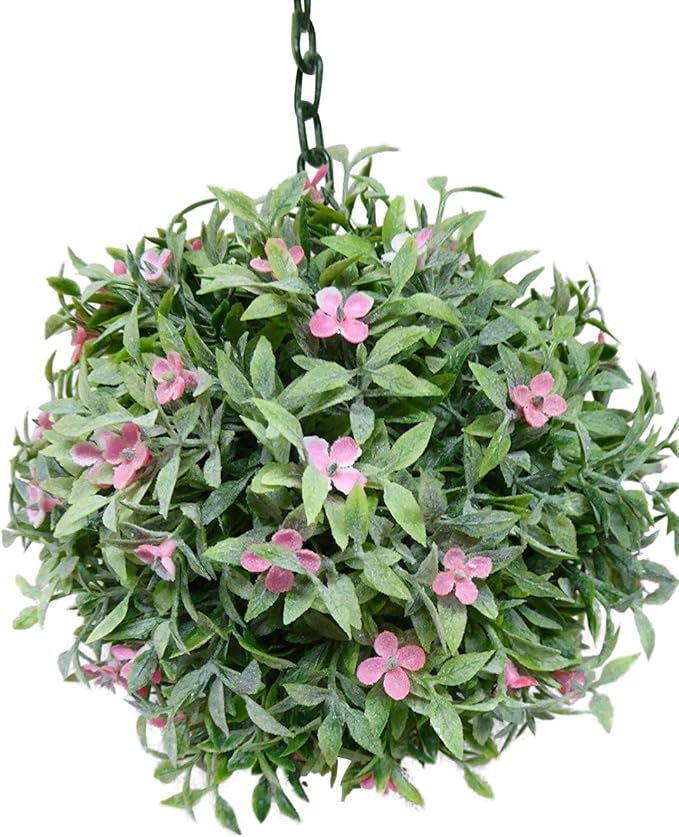 Artificial Topiary Balls Large 20cm Green with Pink Flowers Hanging