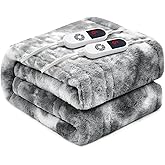PTQ Electric Heated Blanket 84"x90",Luxury Grey Faux Fur Electric Queen Blanket,Fast Heating Soft Fluffy Thick Electric Blanket with 6 Heating Levels & 12H Auto Off