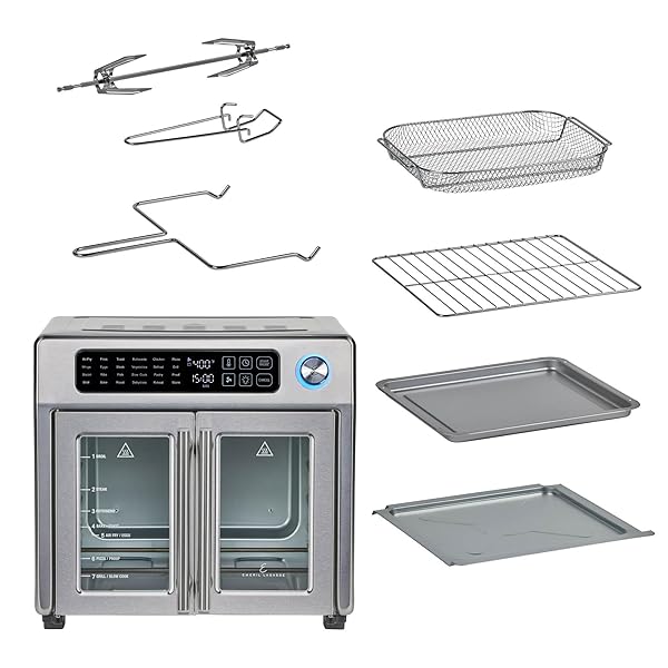 EMERIL LAGASSE EXTRA LARGE FRENCH DOOR AIR FRYER TOASTER OVEN COMBO, 24 COOKING FUNCTIONS AND DIGITAL CONTROLS, 7 ACCESSORIES INCLUDED, STAINLESS STEEL FINISH, 26QT CAPACITY