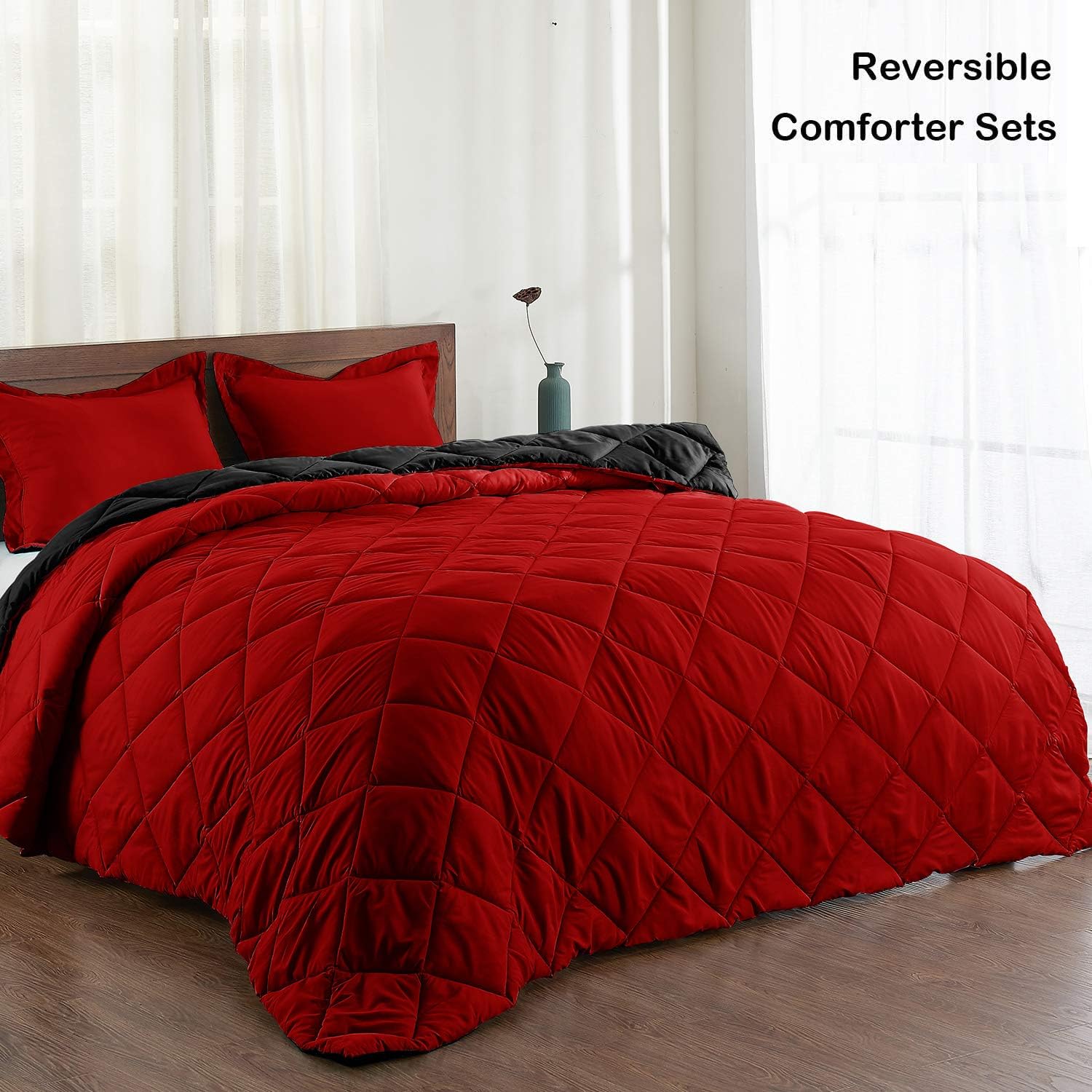 Basic Beyond Down Alternative Comforter Set (Queen, Black/Red) - Reversible Bed Comforter with 2 Pillow Shams for All Seasons: Home & Kitchen