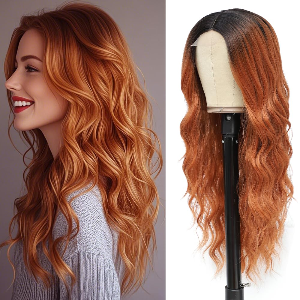 Photo 1 of Long Ginger Wigs for Women 26inch Wavy Curly Orange Hair Natural Looking Middle Part Synthetic Heat Resistant Replacement Wigs for Cosplay Costume Halloween Daily Use