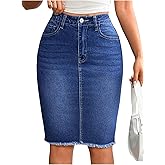 Floerns Women's High Waisted Raw Hem Pencil Denim Skirt Knee Length Jeans Skirts