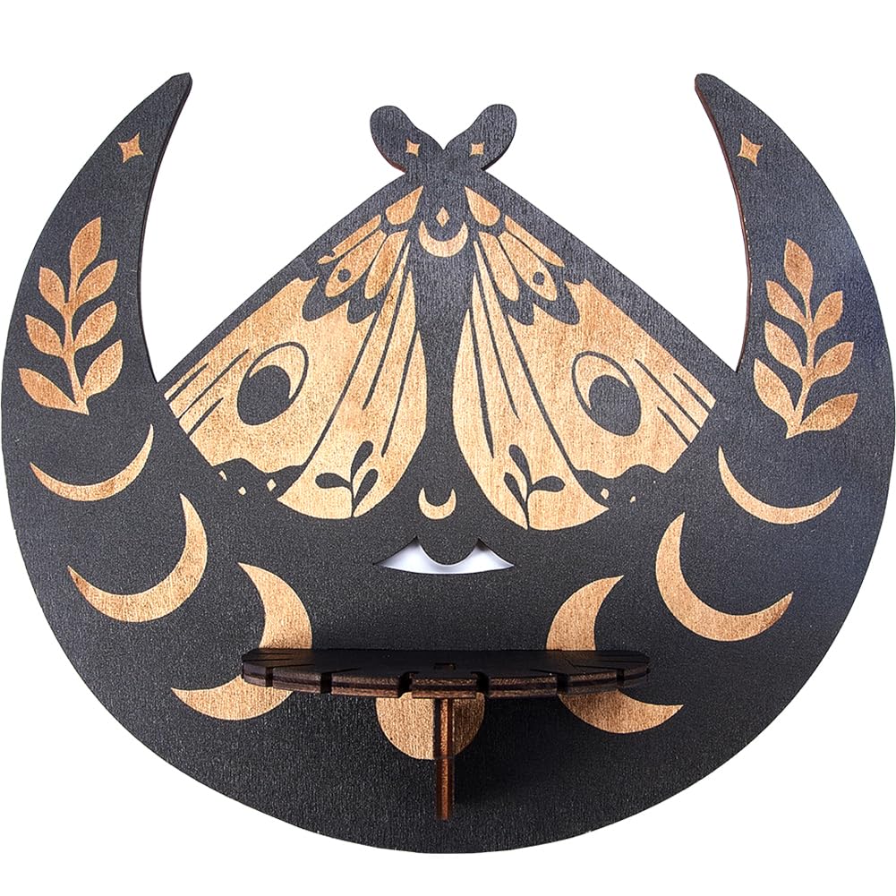 CREATCABIN Crystal Shelf Display Wooden Floating Shelves Altar Gothic Wall Decor Rustic Moon Phase Moth Holder Shelf Hanging Witchy Stuff for Crystals Stones Essential Oil Spiritual Gift 9.84x8.66Inch