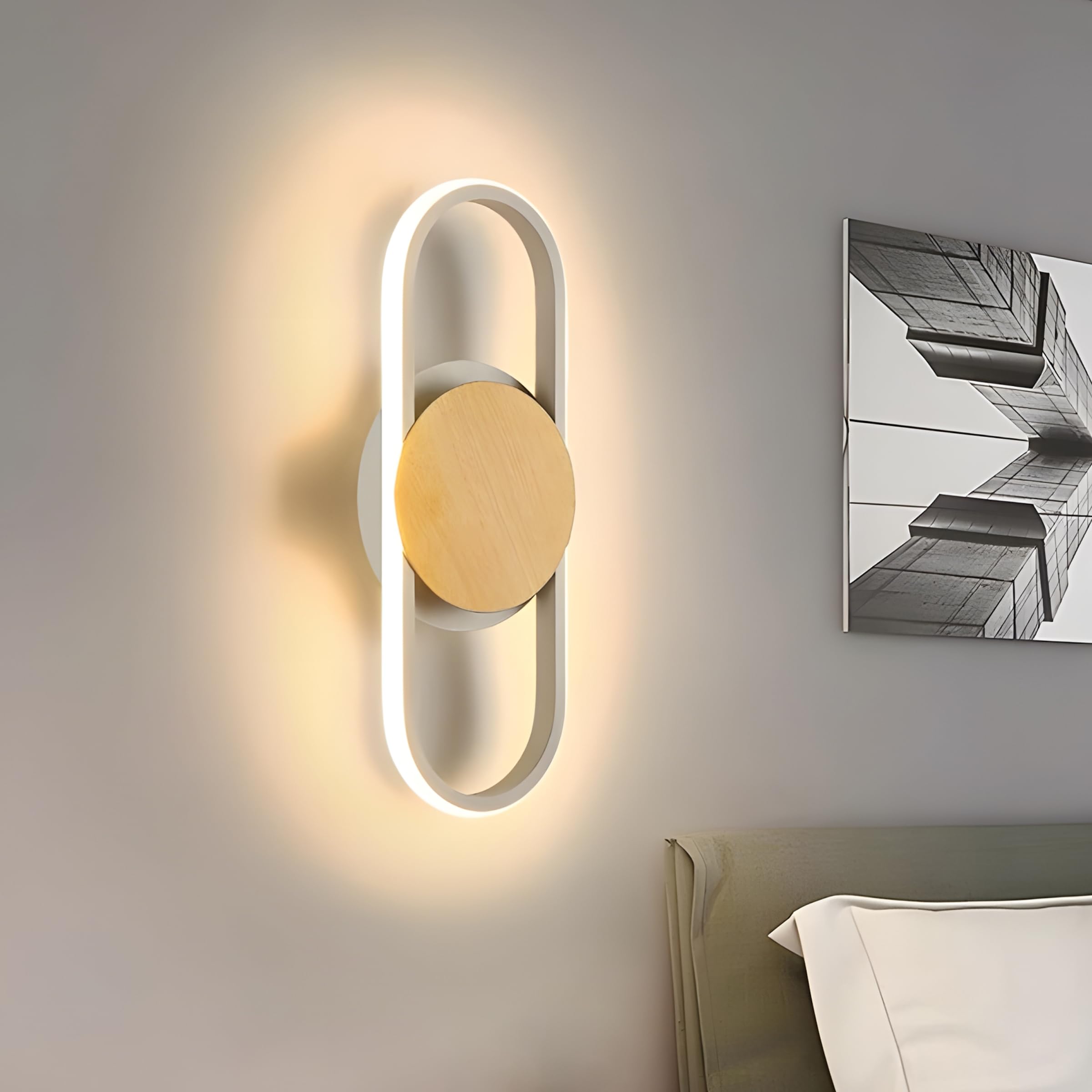 ZTWLEED LED Wall Lights Indoor,14W Modern Wall Light with Round Decorative Wood Grain,White Indoor Wall Lights RA≥80 Wall Light Warm White 3000K for Bedroom Living Room Corridor