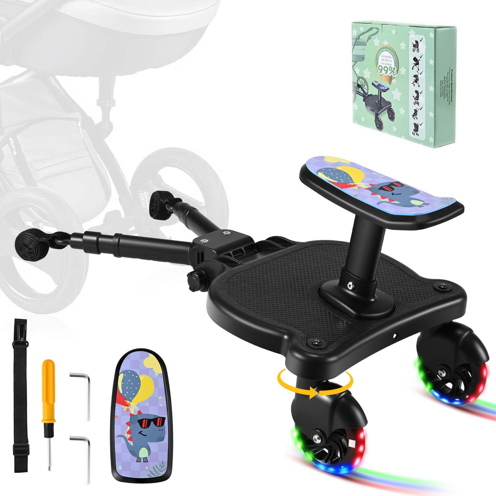 BugyKido Universal Buggy Board, Kiddy Board with LED Flashing Wheels, Buggy Board with Patterned Seat, Compatible with Over 99% of Pushchairs, Pram Standing Board for Children from 2-6 Years(25KG)