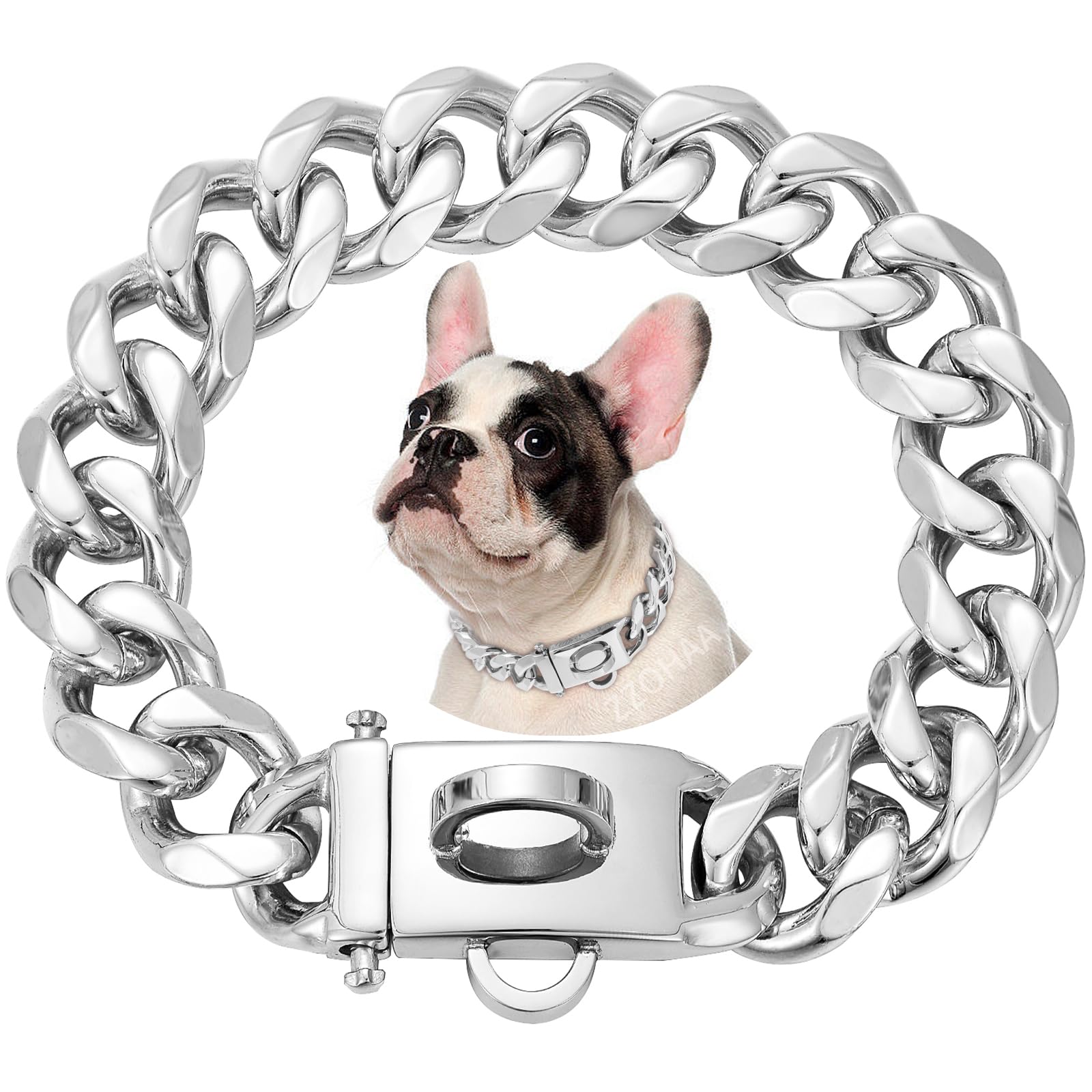 19mm Wide Solid Steel Dog Chain Collar with Steel Buckle, Heavy Duty Walking Metal Chains Collars,Cuban Link Strong Chew Proof for Dogs(Silver,26inch)