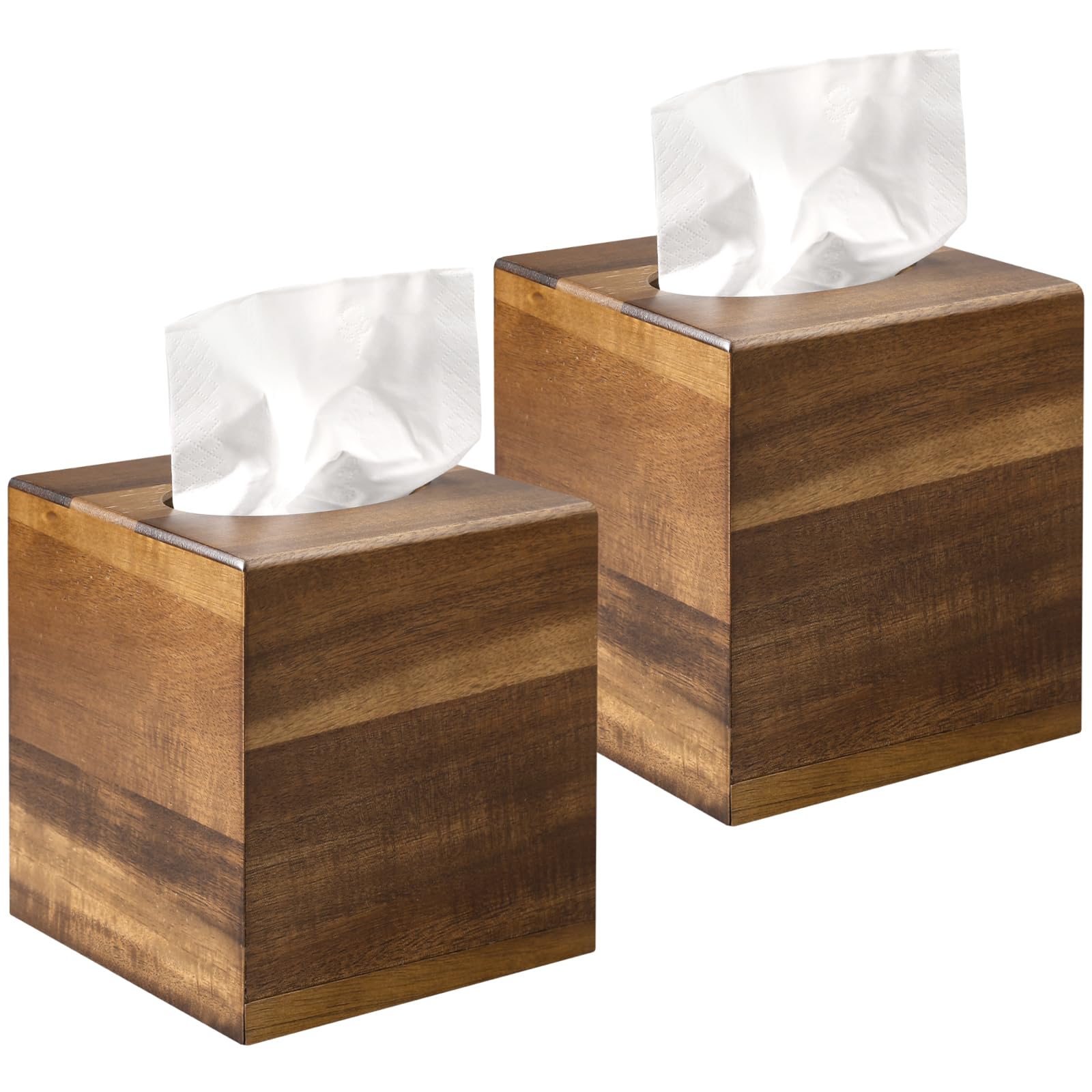 Photo 1 of 2 Pack Wooden Tissue Box Cover Square - Acacia Wood Tissue Box Holder for Tabletop Stands Bathroom Office- Decorative Facial Wood Tissue Box Cover for Modern Farmhouse Decor-Standard Walnut Color