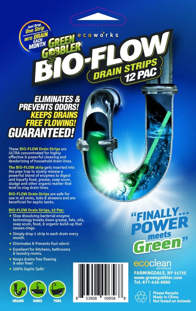 Green Gobbler BIO-FLOW Drain Strips - 24 Strips | Drain Cleaner & Deodorizer Drain Sticks: Health & Personal Care