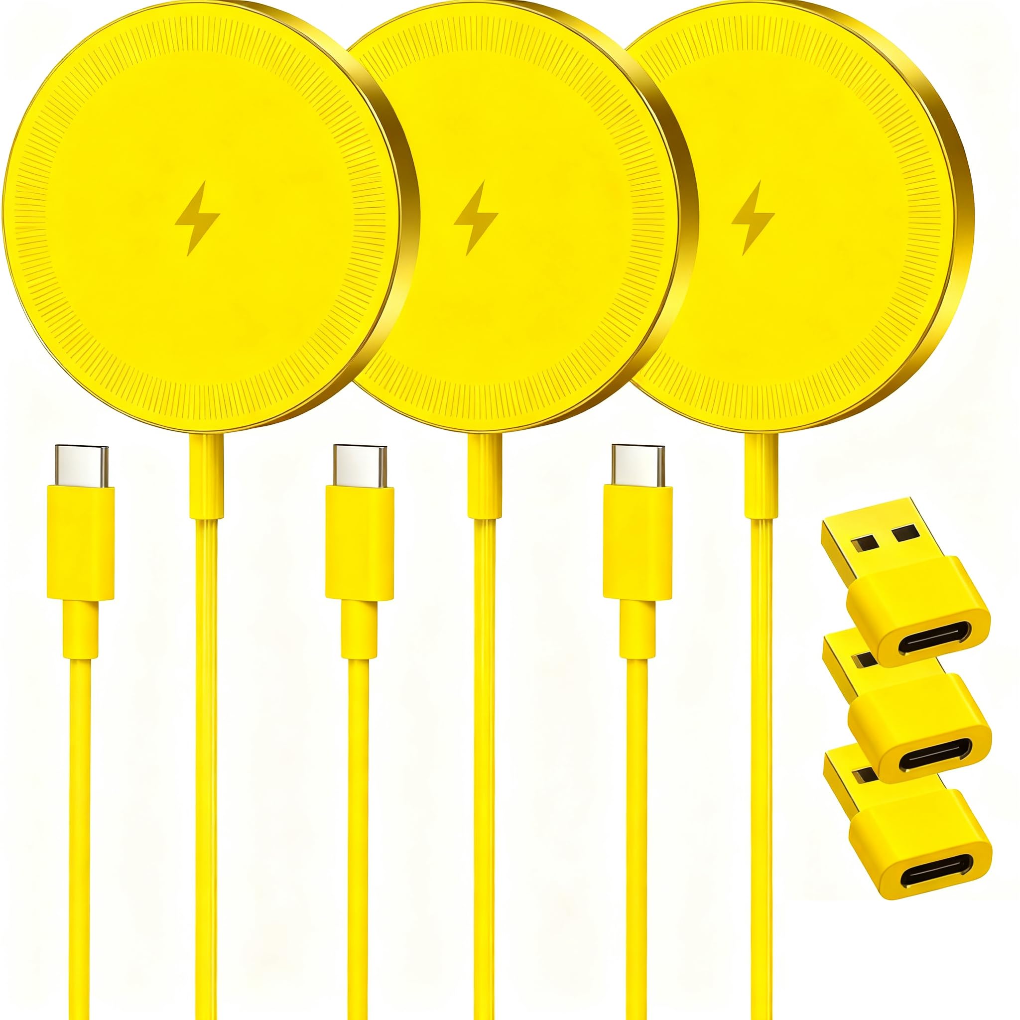 Magnetic Wireless Charger Charging Pad:15W Qi Fast Portable Slim Charger Puck for iPhone 17 Air 16e 16 Pro Max 15 14 13 12 Series & Samsung Galaxy S25 Ultra- Include USB-C/A Dual Ports (3Pack Yellow)