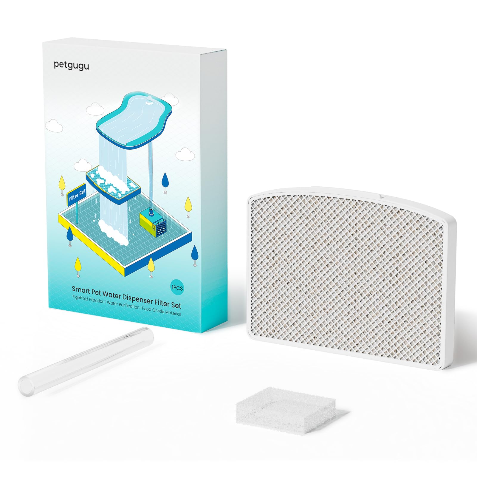 PETGUGU Replacement Filter Pack PF1, PF1L Cat Water Fountain Filter, Conduit & Filter Wool 1pcs