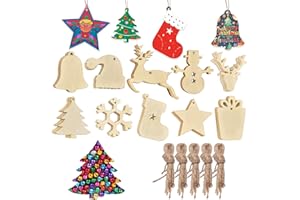 SOTIPEVS 50pcs Christmas Wooden Ornaments for Crafts, 10 New Styles Unfinished Wood Slice Ornaments, Wooden Christmas Ornaments to Paint, Christmas Tree Hanging Ornaments Wood Christmas Decoration DIY Crafts
