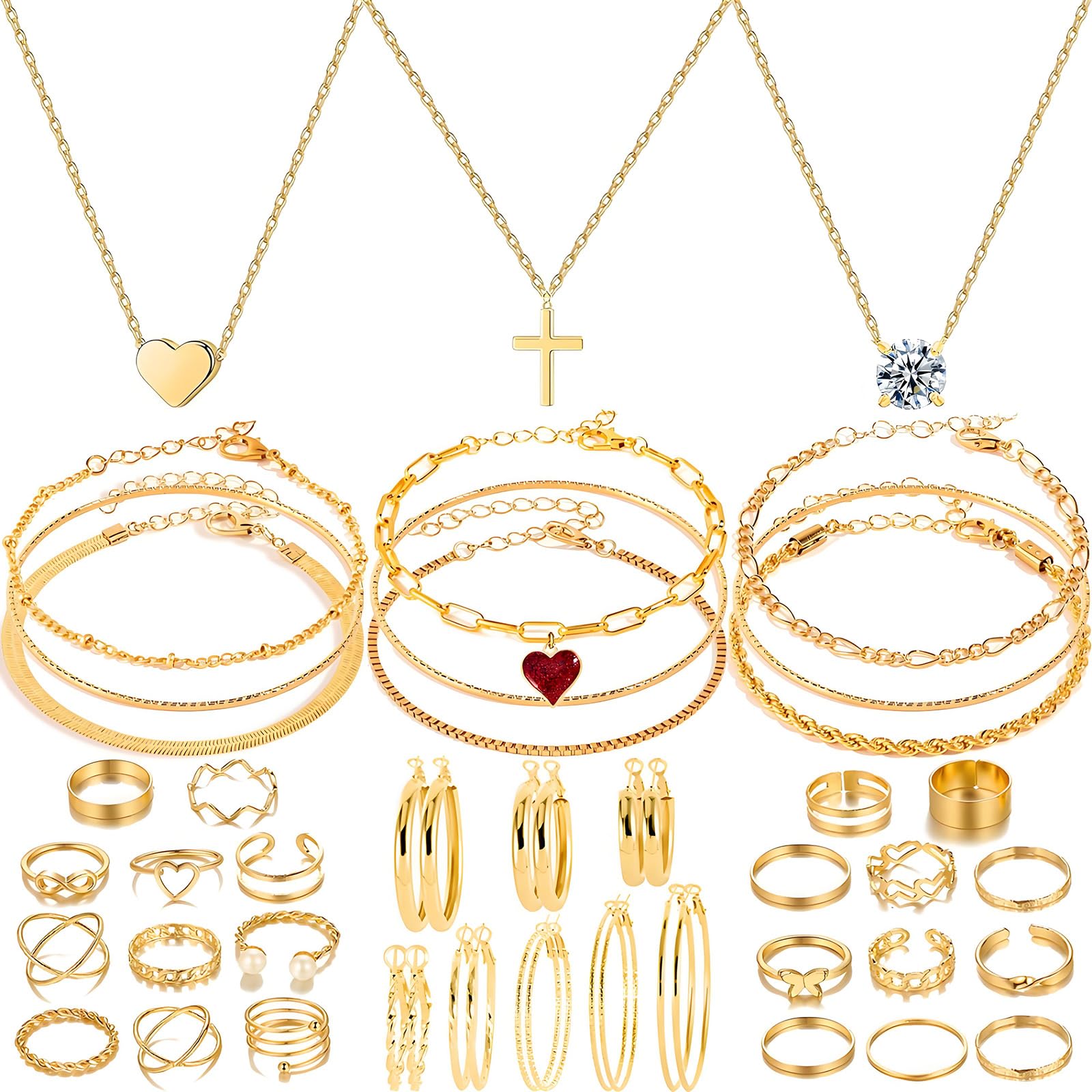 IXNEOP 50 Pieces Gold Plated Jewelry Sets for Women Fashion Costume Jewelry 3 pcs Necklace 9 pcs Bracelet 22 pcs Rings 8 pairs Earrings Set for Women Valentine Anniversary Birthday Friendship
