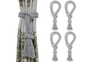 Yteseery 4 Pack Grey Outdoor Curtain tiebacks, Natural Cotton Rope Tieback Decorative Holdbacks Farmhouse Rural Village Style Tassel Drapery Ties