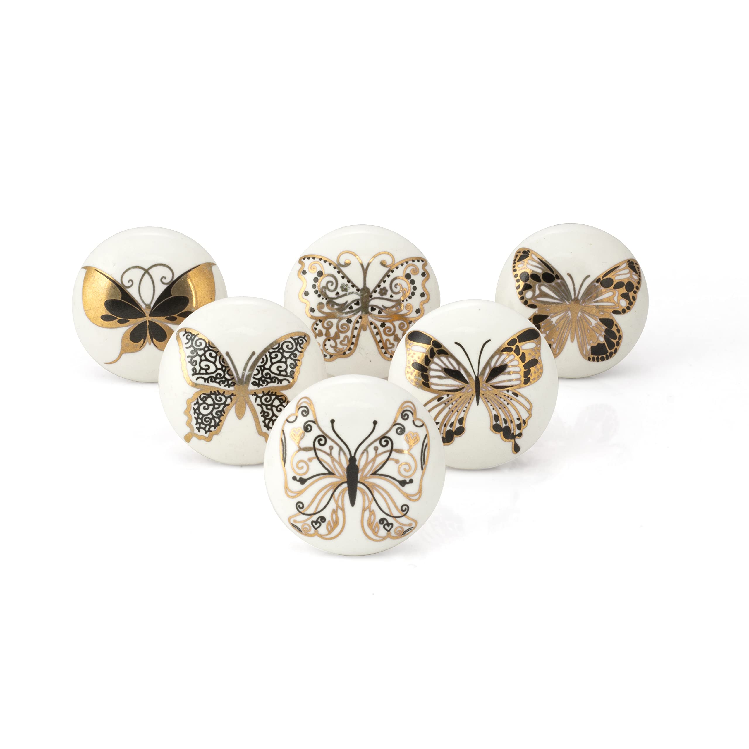 Rasiya Art Gold Butterfly Printed Cabinet Knobs for Dresser Drawers - Ceramic Pull Handles for Kitchen Cupboard Wardrobe Boho Decor Furniture Hardware - Pack of 6