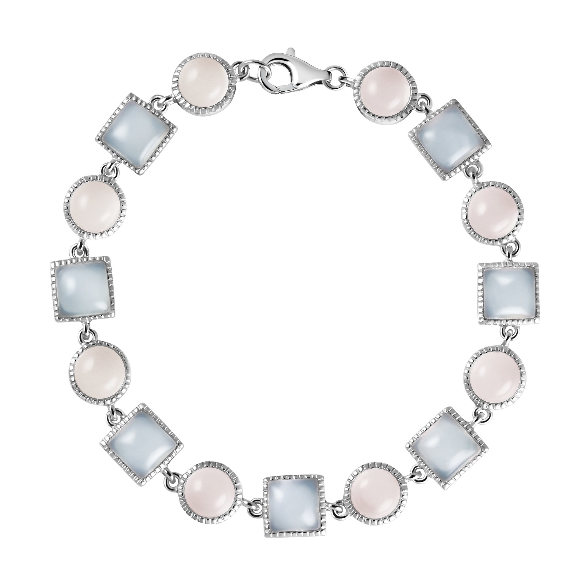 Franki Baker Blue Aqua Chalcedony & Pink Rose Quartz 925 Sterling Silver Tennis Bracelet. Length: 17cm. Comes in Pretty Box.