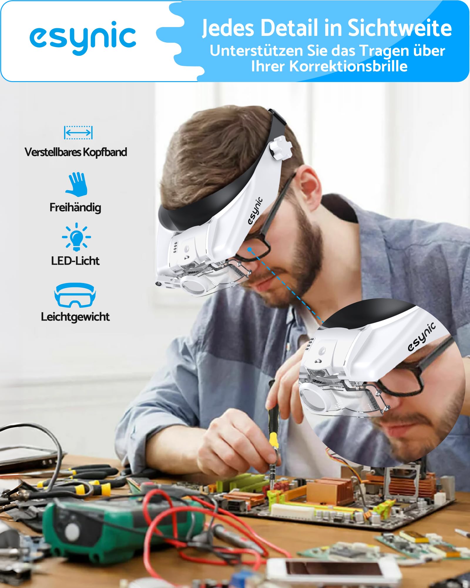 eSynic Kopfbandlupe Kopf Lupenbrille Lupenbrille Headset mit 2-Stufen LED-Licht Upgrade-Kopf Lupe 5 Linsen 8X Lupe Freihändige Aufladbar mit Batterieanzeige für Basteln Lesen Naharbeit 2