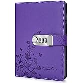 ARRLSDB PU Leather Journal with Lock, A5 Size Diary with Combination Lock Password Notebook Locking Personal Diary (Purple)