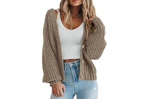 PRETTYGARDEN Women's Chunky Knit Open Front Sweater Long Sleeve Button Loose Short Cardigan Outerwear Coats