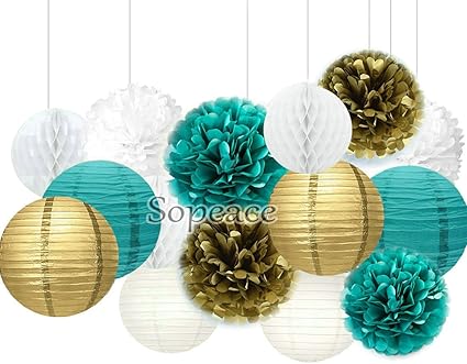 Amazon Com Sopeace 15 Pcs White Teal Blue Gold 10inch 8inch