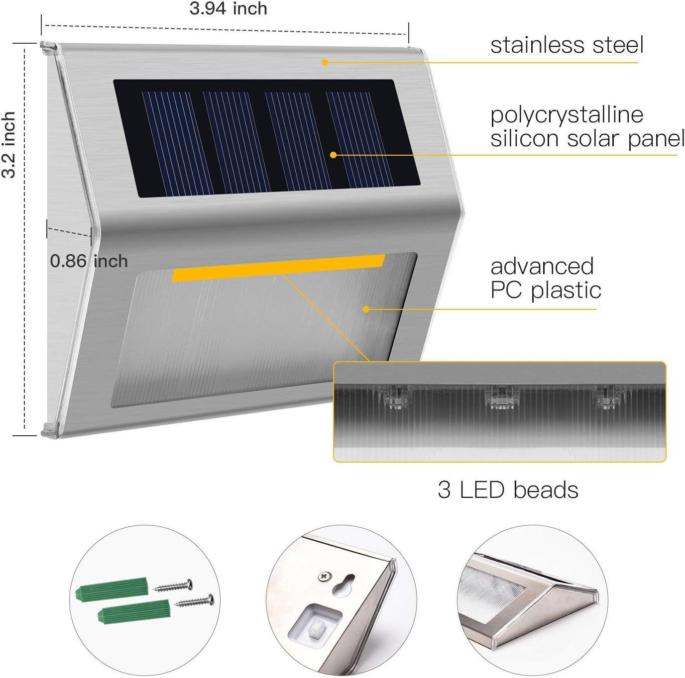 GVOREE Cool White Solar Fence Lights,Stainless Steel Decorative Lights LED Garden Lights,Waterproof Step Lights Wireless Outdoor Lights for Stair,Wall,Patio,Yard,Path,Fence,6Pack - Image 3